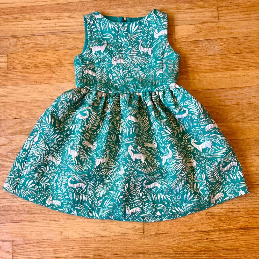J Crew Crewcuts green dress with gold embroidery deer size 6